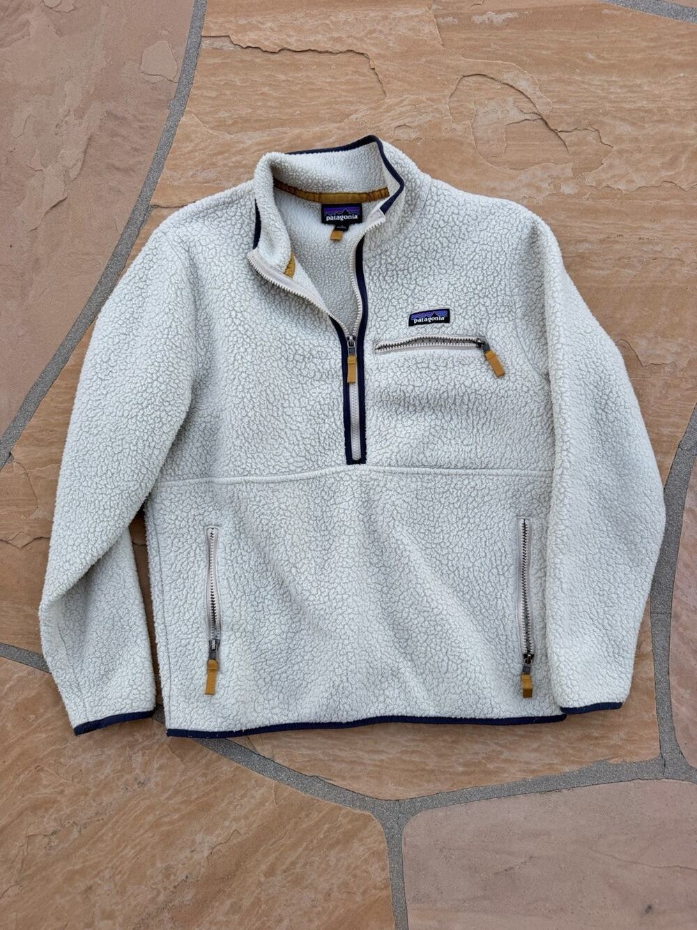 Patagonia Retro Pile Marsupial Fleece Womens L Cream Navy Pullover EUC RG